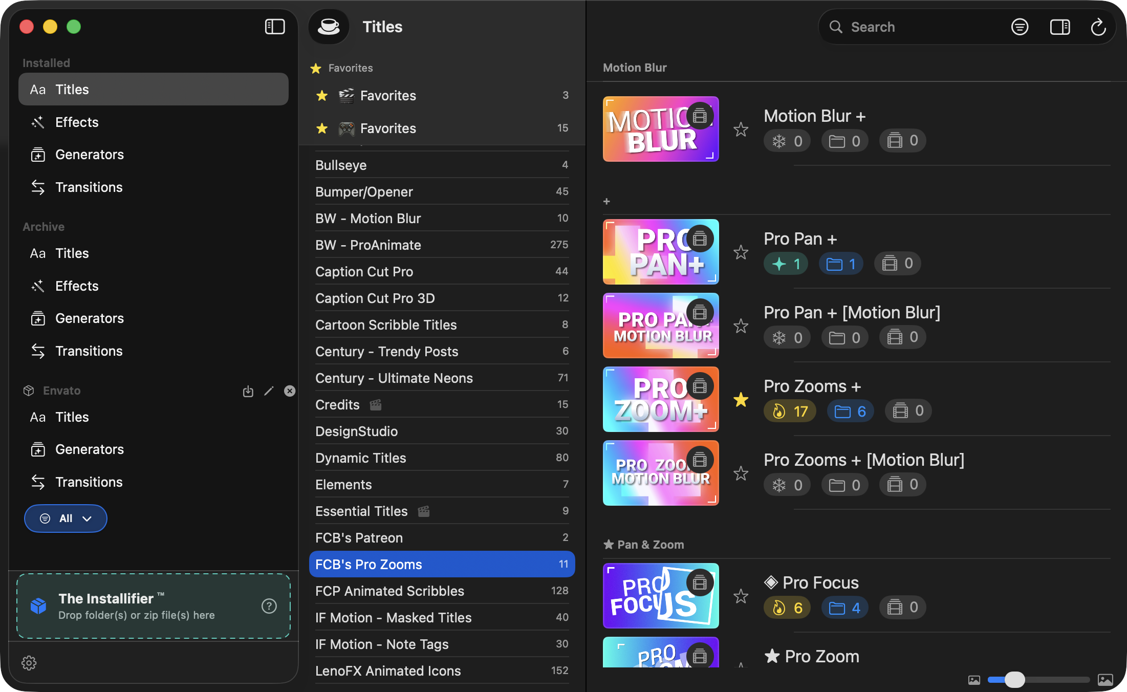 FCP Template Manager main window showing template browser with categories, favorites, and thumbnails