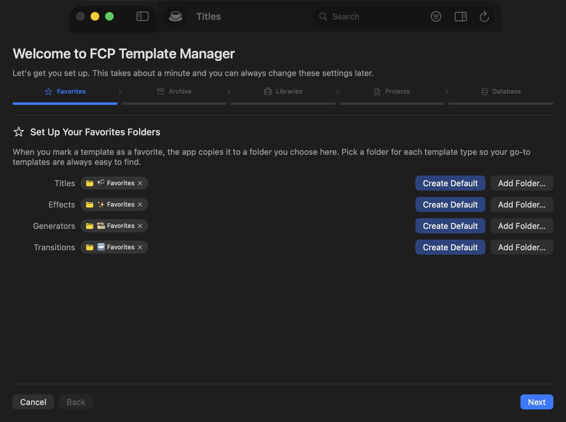 Onboarding wizard showing favorites folder setup for Titles, Effects, Generators, and Transitions
