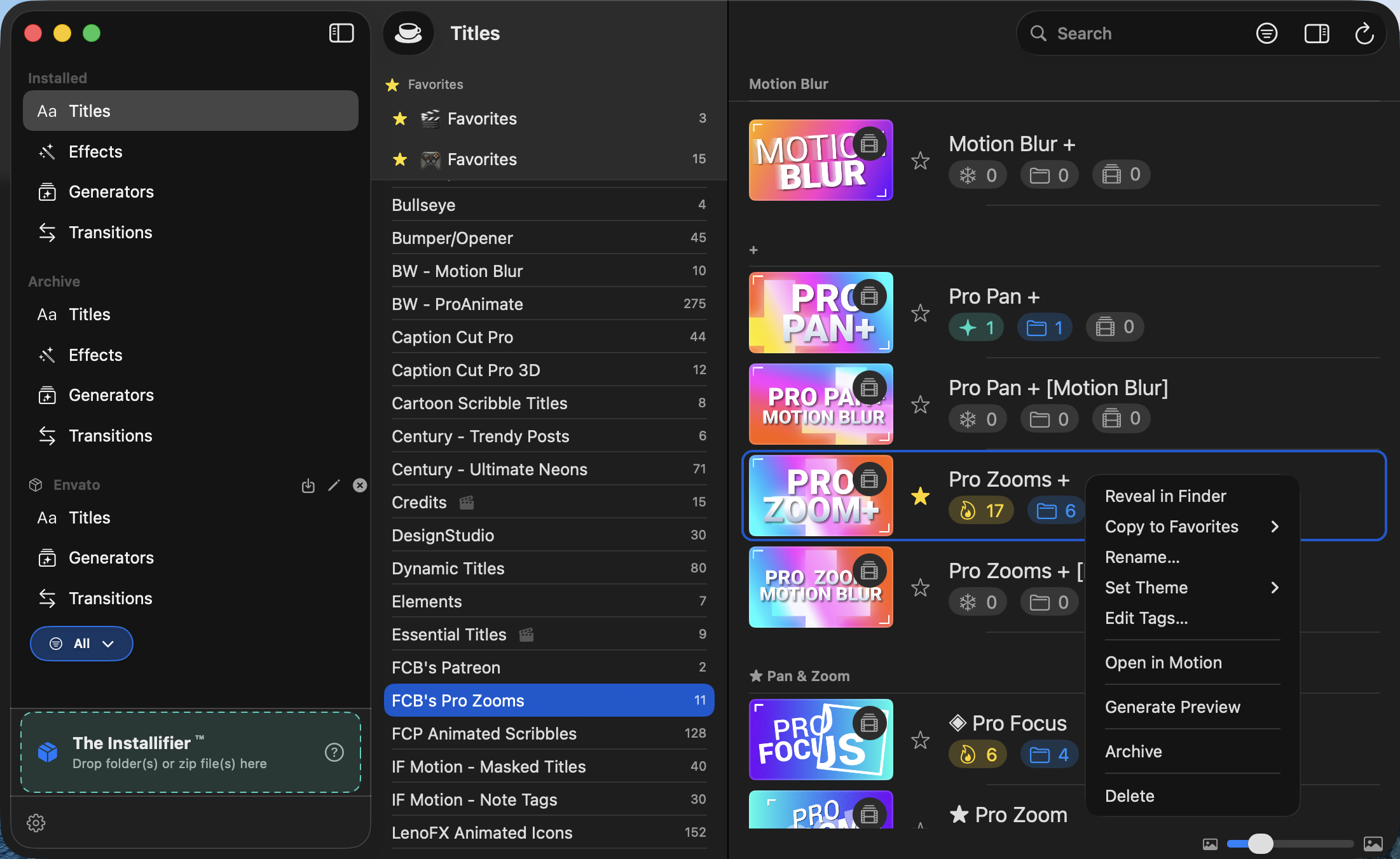 Right-click context menu with options like Copy to Favorites, Set Theme, Edit Tags, Archive, and Open in Motion